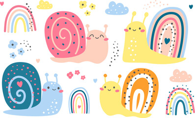 Set of children's vector illustrations. Cute smiling snails in Scandinavian style. Rainbows, flowers and clouds. 