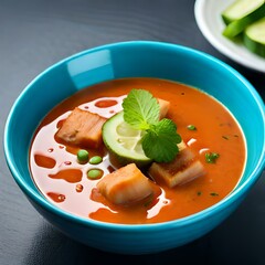 Instant chicken noodle soup in a white ceramic bowl isolated on white. Parsley garnish. AI generated image