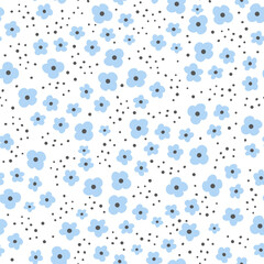 Cute vector pattern. Blue daisies, black dots. Cheerful children's background 