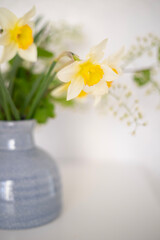 A bouquet of delicate daffodils in a vase on the background of a home interior