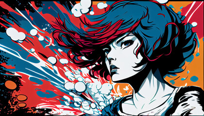 Naklejka premium Colorfull pop art manga girl with vibrant colors for posters 
