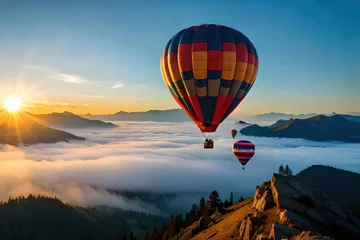  hot air balloon at sunset, mountain landscape background, generative ai © drimerz