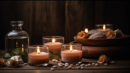 Fototapeta na wymiar Beauty treatment with candles and items for spa procedures. Generative AI