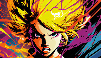 Naklejka premium Energetically hued manga maiden displaying a captivating look with oversized expressive eyes. An anime figure donning lively, polychromatic hair.