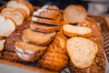 Fresh baked bread on a display in bakery