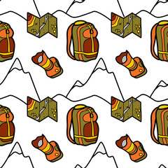 Seamless pattern flat drawings of hiking, camping