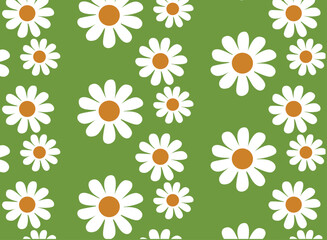 Seamless pattern with daisy flower and little hearts on green background. and daisy icons	