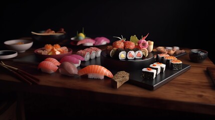 assorted sushi on the table in the restaurant. generative ai