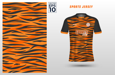 Orange black t-shirt sport design template with abstract tiger skin pattern for soccer jersey. Sport uniform in front view. Shirt mock up for sport club. Vector Illustration	 - obrazy, fototapety, plakaty
