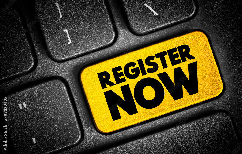 Poster register now text button on keyboard, concept background
