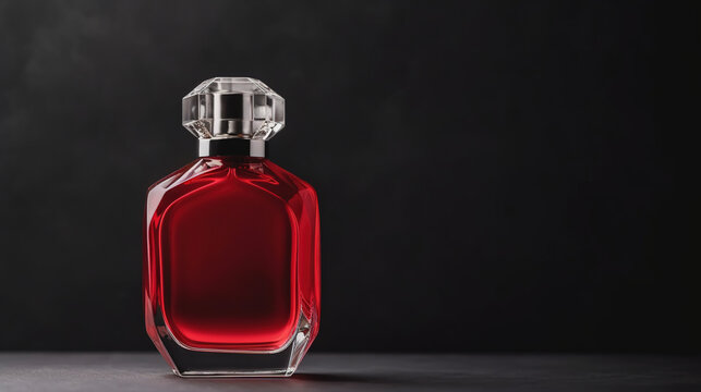 Red Perfume Bottle On A Dark Background With Copy Space. AI