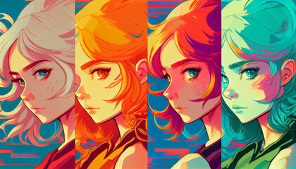 Naklejka premium Colorful pop art manga girl with stunning looks and big eyes. An anime girl with colorful hair.