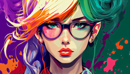 Obraz premium Colorful pop art manga girl with stunning looks and big eyes. An anime girl with colorful hair.