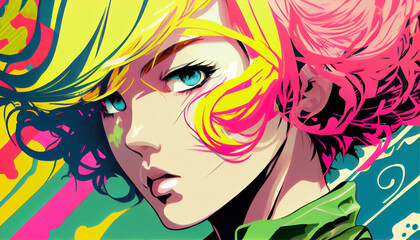 Colorful pop art manga girl with stunning looks and big eyes. An anime girl with colorful hair.