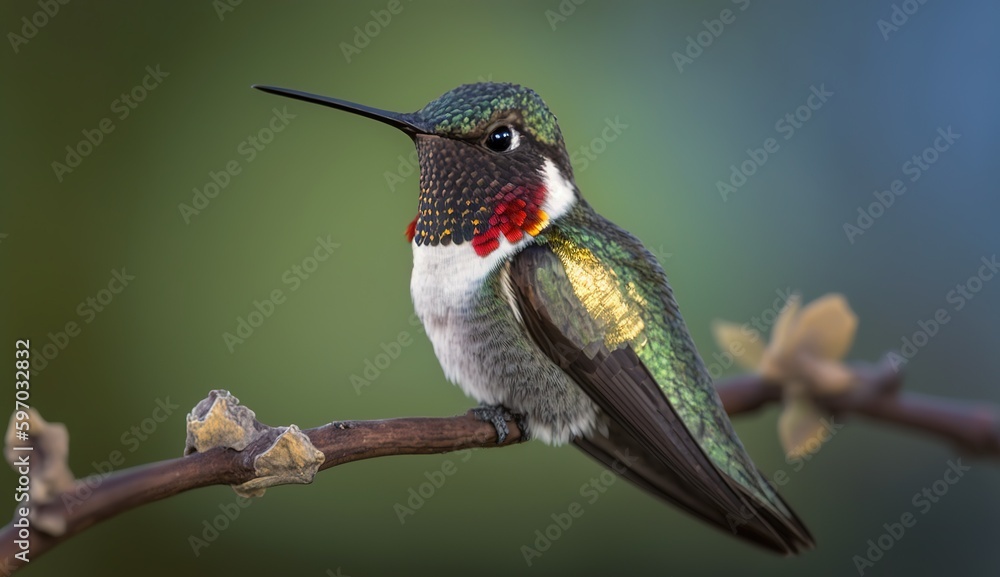 Poster out in the wild, a ruby-throated hummingbird poses for a selective-focus photograph. generative ai