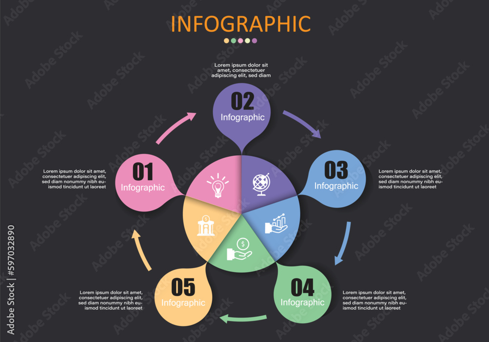 Poster vector infographic sphere divided into 5 segments with teardrop circles separated to show explanatio