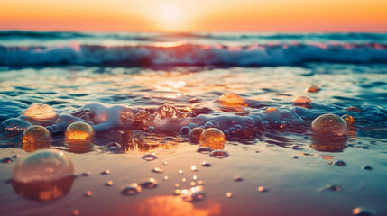 Abstract summer vacation background. Bokeh sunset light on summer sea beach. Generative ai.