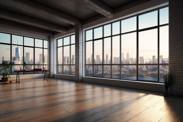 Spacious urban loft office with panoramic skyline view through large windows, featuring white wall and canvas mock up. Generative AI