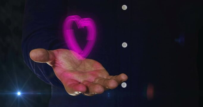 Heart love health ai tech code and cyber dating 3d symbol over man hand. Cyber technology icon abstract concept seamless and loopable.