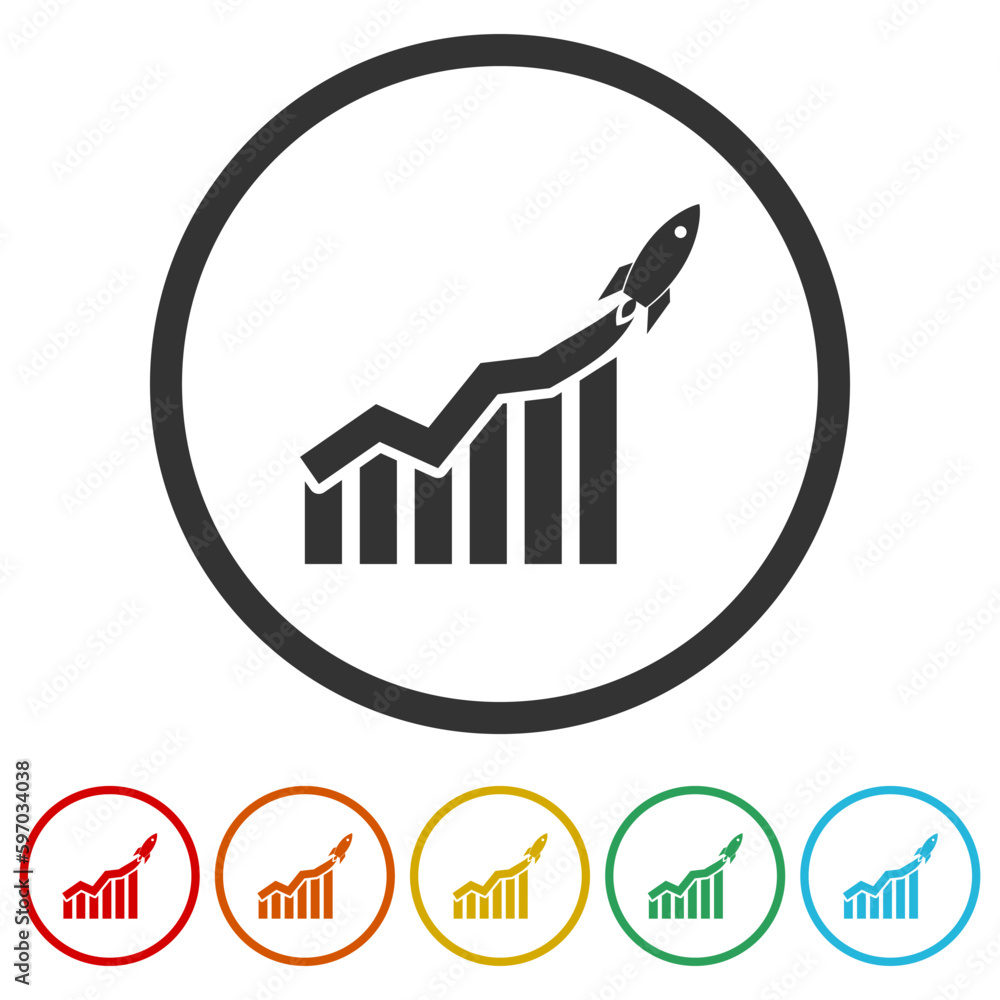Poster rocket with blocks for illustration of phased, progress icon. set icons in color circle buttons
