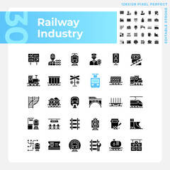 Railway industry pixel perfect black glyph icons set on white space. Railroad company. Rail transport. Train station. Silhouette symbols. Solid pictogram pack. Vector isolated illustration © IMG visuals icons