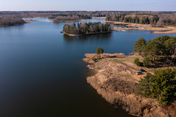 Aerial view of Arimaiciu lake and fishing spots, Lithuania