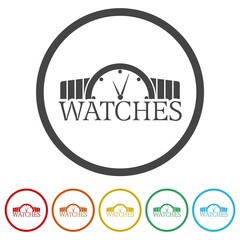 Watches icon for web design. Set icons in color circle buttons
