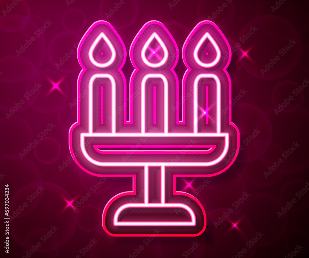 Poster glowing neon line candelabrum with three candlesticks icon isolated on red background. vector