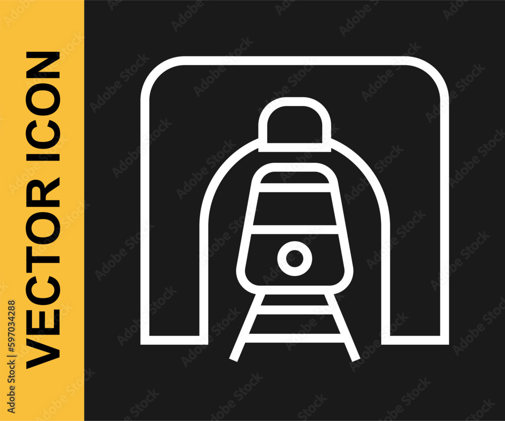 Wall mural White line Train in railway tunnel icon isolated on black background. Railroad tunnel. Vector