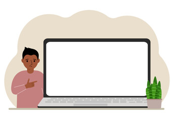 A small boy next to a large laptop with a lot of space for text.