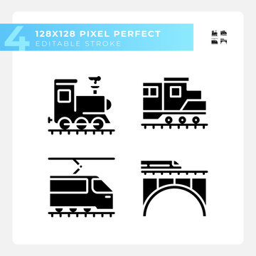 Locomotive pixel perfect black glyph icons set on white space. Train engine. Rail technology. Railway transport. Silhouette symbols. Solid pictogram pack. Vector isolated illustration