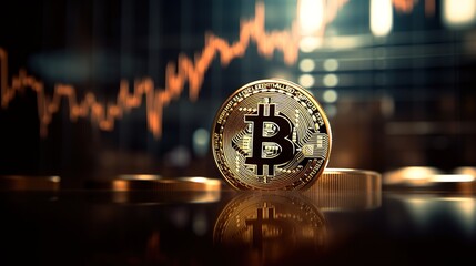 A bitcoin coin in front of trading charts, Investment, Gold coin, ₿, Orange colors, Edited Generative AI