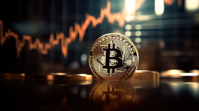 A bitcoin coin in front of trading charts, Investment, Gold coin, ₿, Orange colors, Edited Generative AI