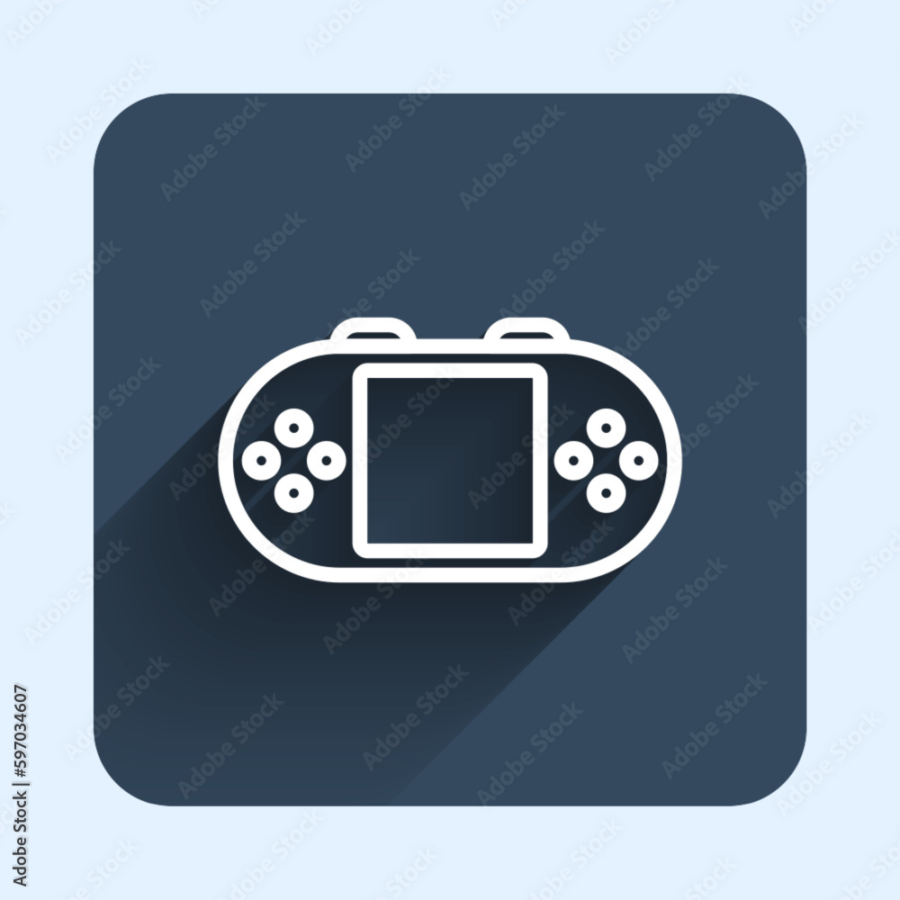 Poster white line portable video game console icon isolated with long shadow background. handheld console g