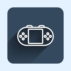 White line Portable video game console icon isolated with long shadow background. Handheld console gaming. Blue square button. Vector