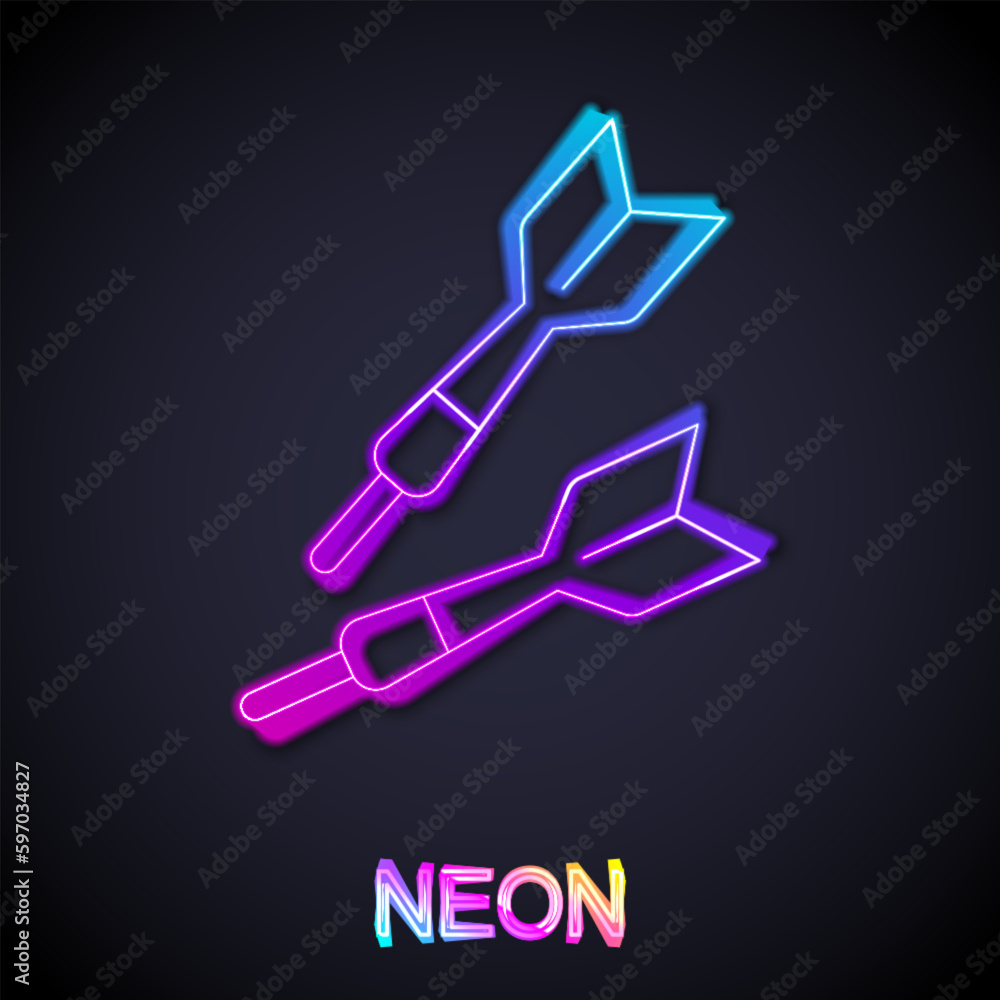 Poster glowing neon line dart arrow icon isolated on black background. vector