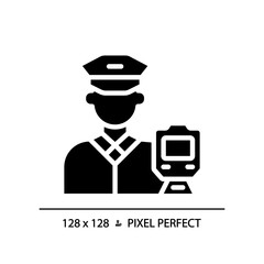 Train driver pixel perfect black glyph icon. Railroad occupation. Rail crew. Locomotive operator. Public transport. Silhouette symbol on white space. Solid pictogram. Vector isolated illustration