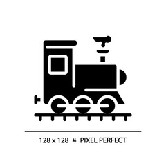 Steam locomotive pixel perfect black glyph icon. Rail vehicle. Retro train. Railway transport. Industrial revolution. Silhouette symbol on white space. Solid pictogram. Vector isolated illustration