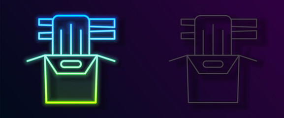 Glowing neon line Asian noodles in paper box and chopsticks icon isolated on black background. Street fast food. Korean, Japanese, Chinese food. Vector
