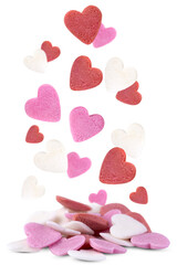 Levitation of sugar hearts isolated on a transparent background.