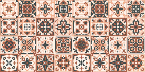 Majolica ceramic tile pattern. Azulejo decor. Mexican talavera art, Turkish ornate, victorian background for floor, kitchen, textile. Portuguese design of pottery ornaments. Vector illustration