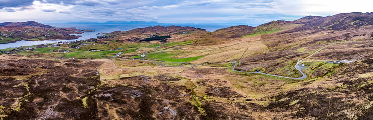 Aerial view of the Pilgrims Path up to the Slieve League cliffs in County Donegal, Ireland