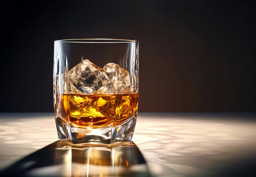 Whiskey with ice in glass on black background. Generative AI