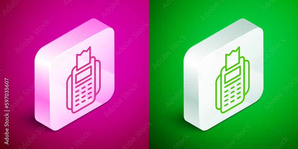 Poster isometric line pos terminal with inserted credit card and printed reciept icon isolated on pink and 