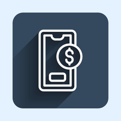 White line Smartphone with dollar symbol icon isolated with long shadow background. Online shopping concept. Financial mobile phone icon. Online payment. Blue square button. Vector