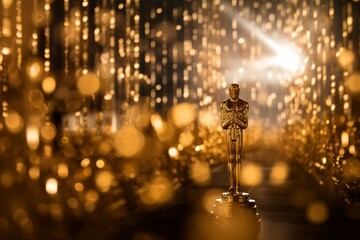 Abstract gold bokeh wallpaper of Hollywood's Oscars ceremony. Generative AI - obrazy, fototapety, plakaty