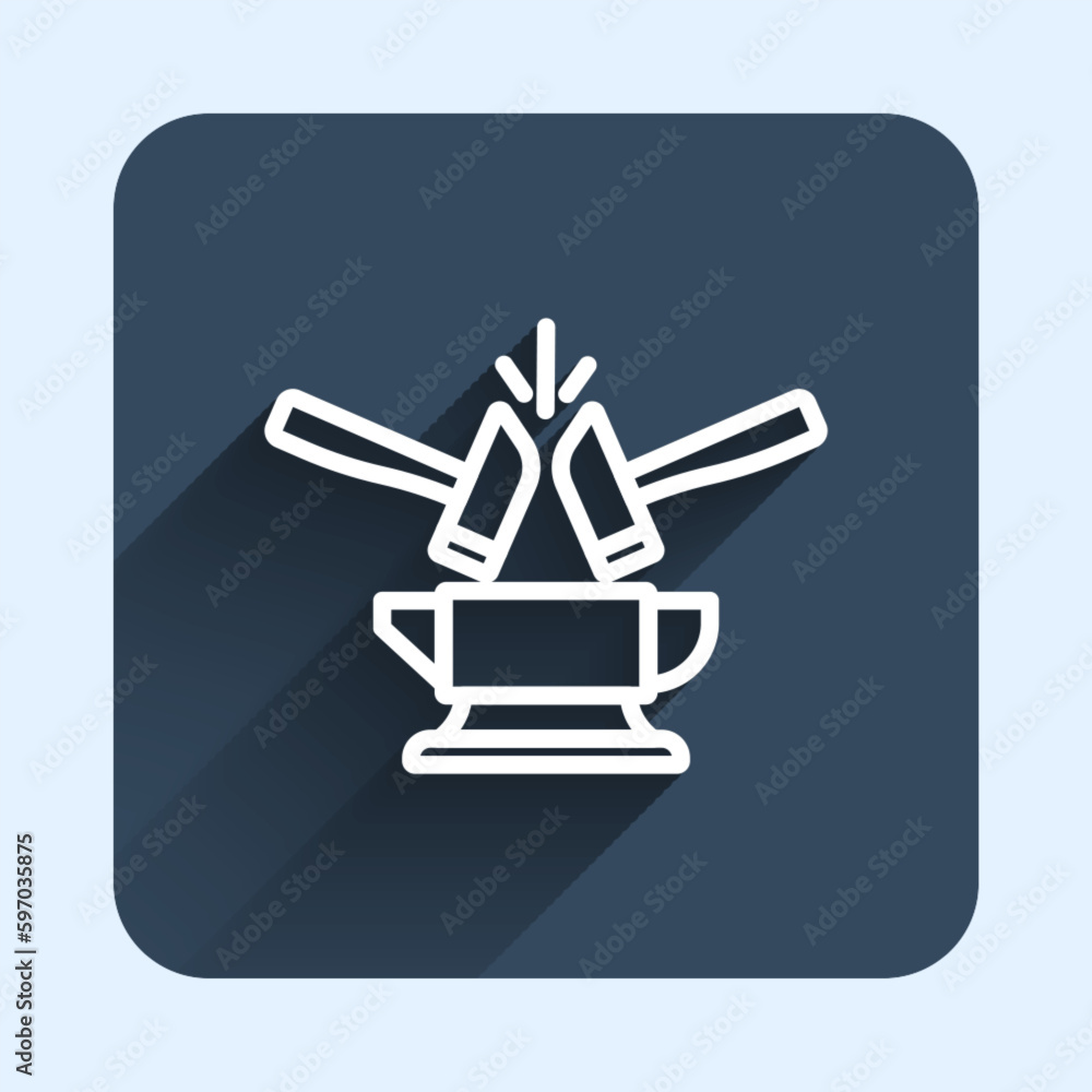 Poster white line blacksmith anvil tool and hammer icon isolated with long shadow background. metal forging