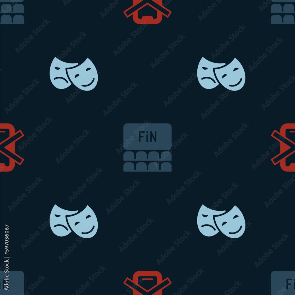 Poster Set No cell phone, Cinema auditorium with screen and Comedy and tragedy masks on seamless pattern. Vector