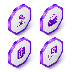 Set Isometric Dollar plant, Envelope, Contract money and Business negotiations icon. Purple hexagon button. Vector