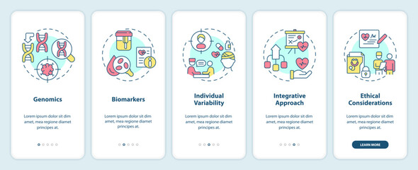 Precision medicine concepts onboarding mobile app screen. Walkthrough 5 steps editable graphic instructions with linear concepts. UI, UX, GUI template. Myriad Pro-Bold, Regular fonts used